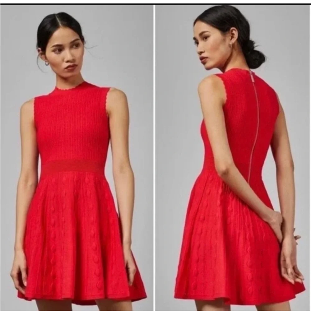 Ted Baker Kamylia Scalloped Knit Skater Dress Bright Red Sz 4